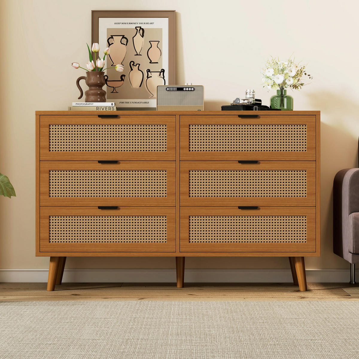 SIDEBOARD Nussbaum, 6 Schubladen, Rattanoptik, Metallgriffe - Kastanienfarben, Holz (120/76/40cm)