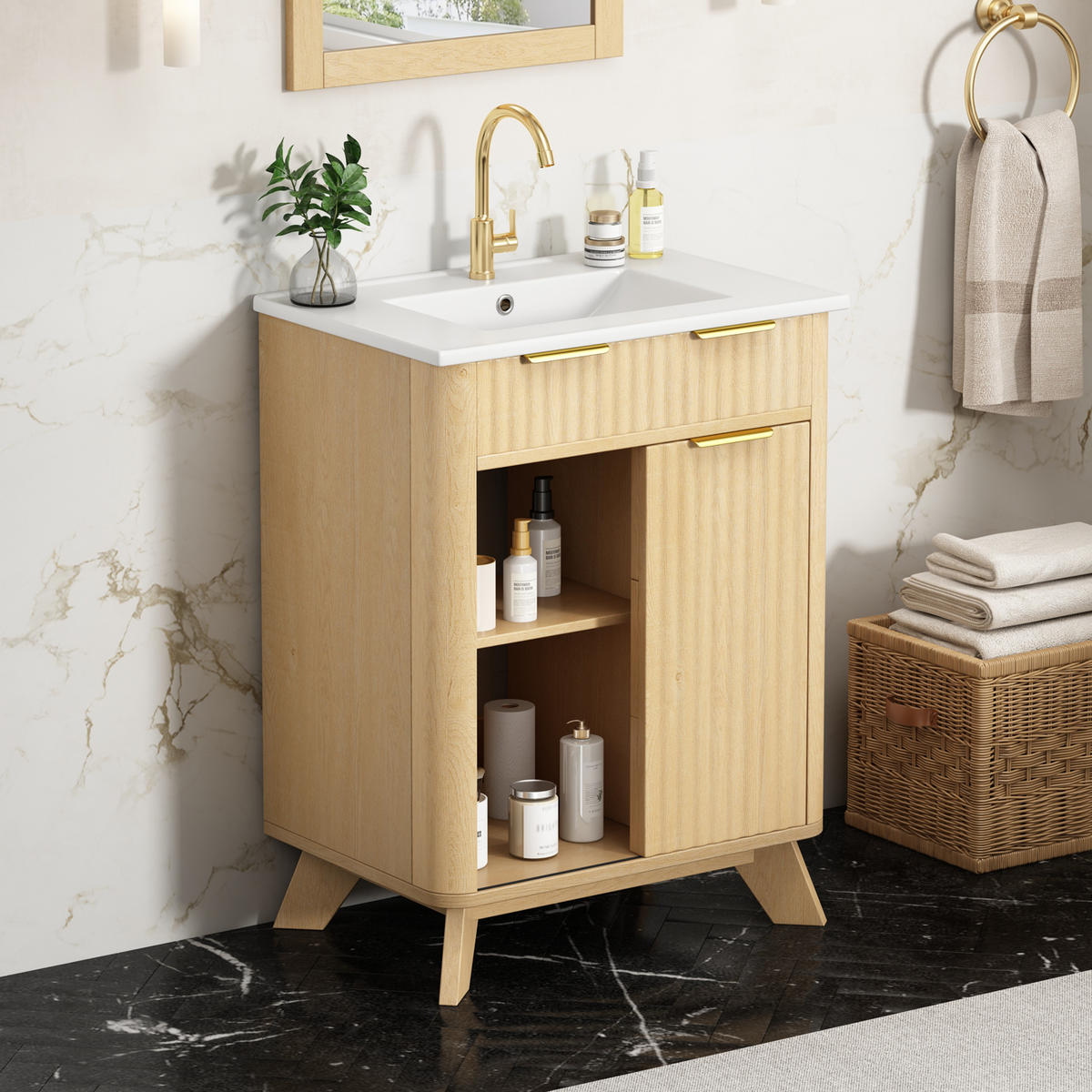 BADEZIMMERSCHRANK Wellenoptik Holzton 3 Schubladen Schiebetür 61cm - Naturfarben, Keramik (61/90/47cm) - FLIEKS