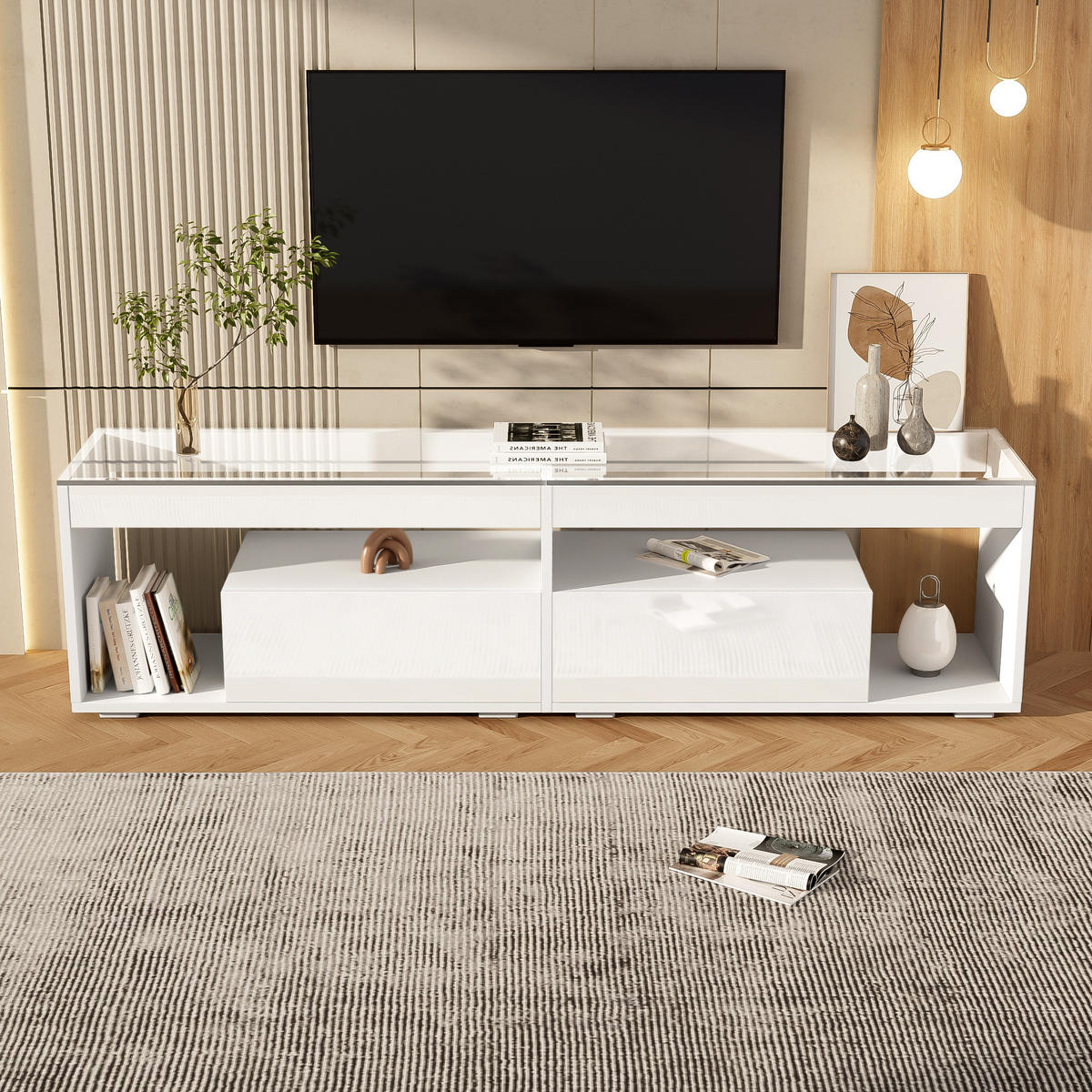 TV-SCHRANK LED Hochglanz 70 Zoll 2 Schubladen Weiß modern - Weiß, Holzwerkstoff (40/46/180cm) - FLIEKS