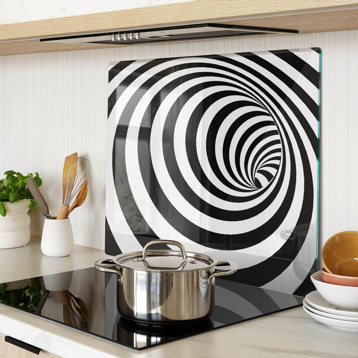 GLASPLATTE 60x52 cm Spirale mit Streifen - Schwarz, Glas (60/0.4/52cm) - TULUP
