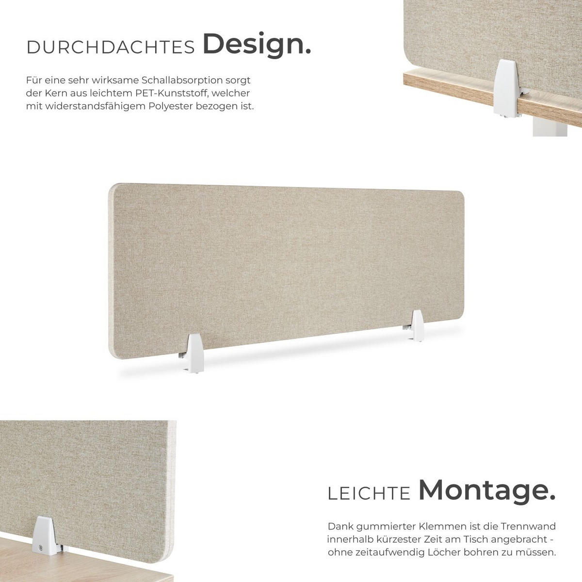 TRENNWAND für Schreibtisch Noisy,inkl. 2 Befestigungsklemmen,beige - Beige, Kunststoff (2.2/160/40cm) - tectake