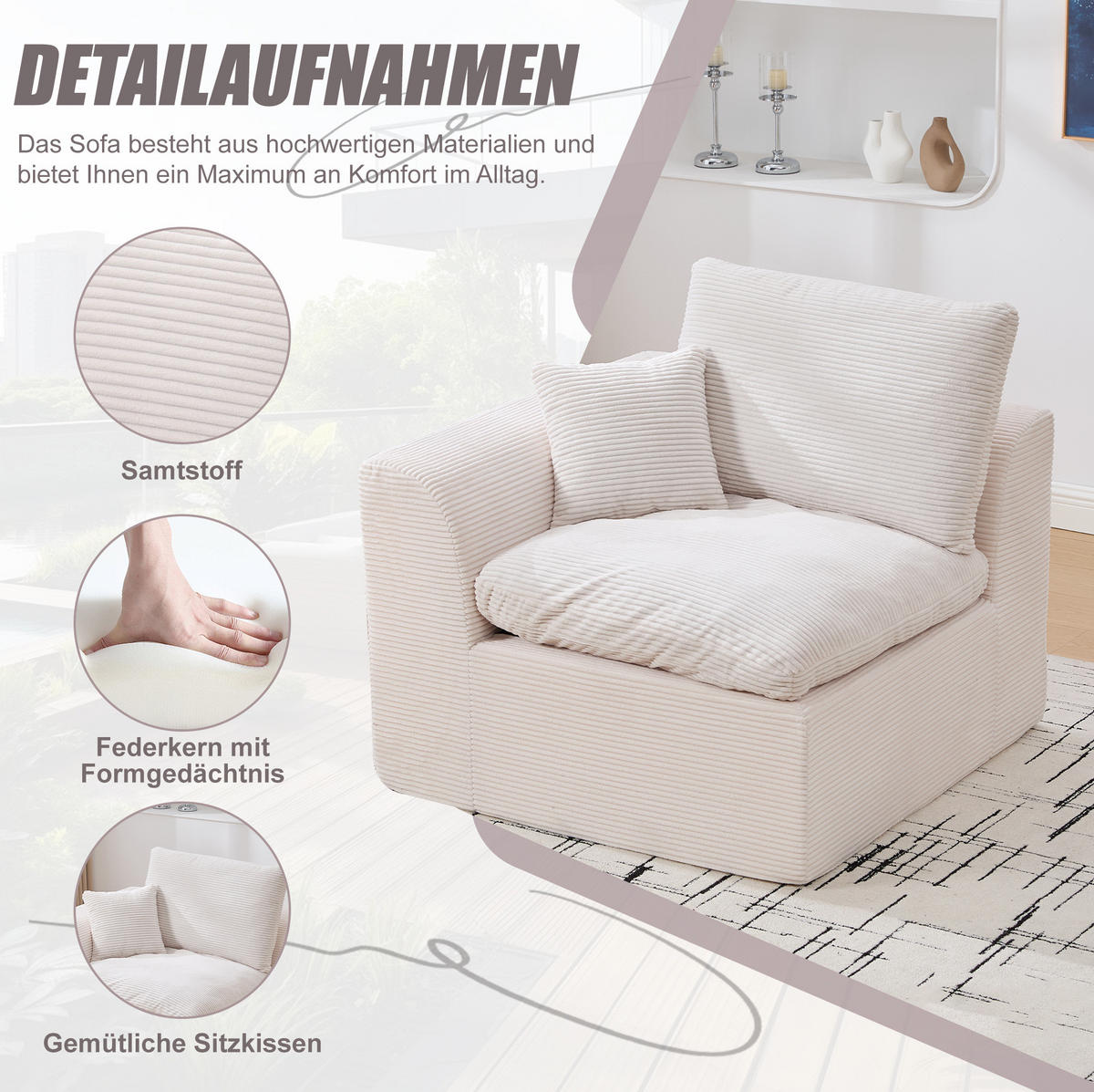 SESSEL aus Cord 101x102,5x84 cm Beige mit Kissen, ohne Montage und hohem Sitzkomfort - Beige, Textil (101/84/102.5cm) - Modfu