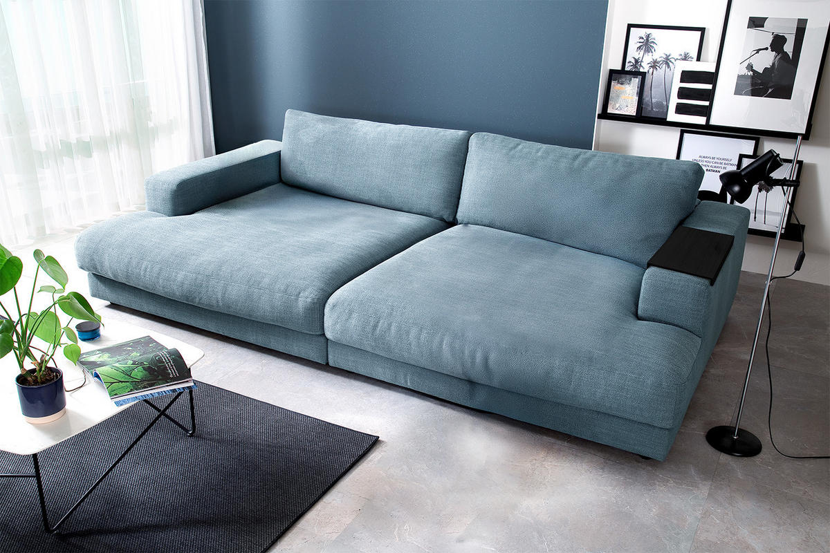 BIG SOFA XL MIT TABLETT MADELINE Petrol Webstoff - Petrol/Schwarz, Kunststoff/Textil (290/85/190cm) - KAWOLA