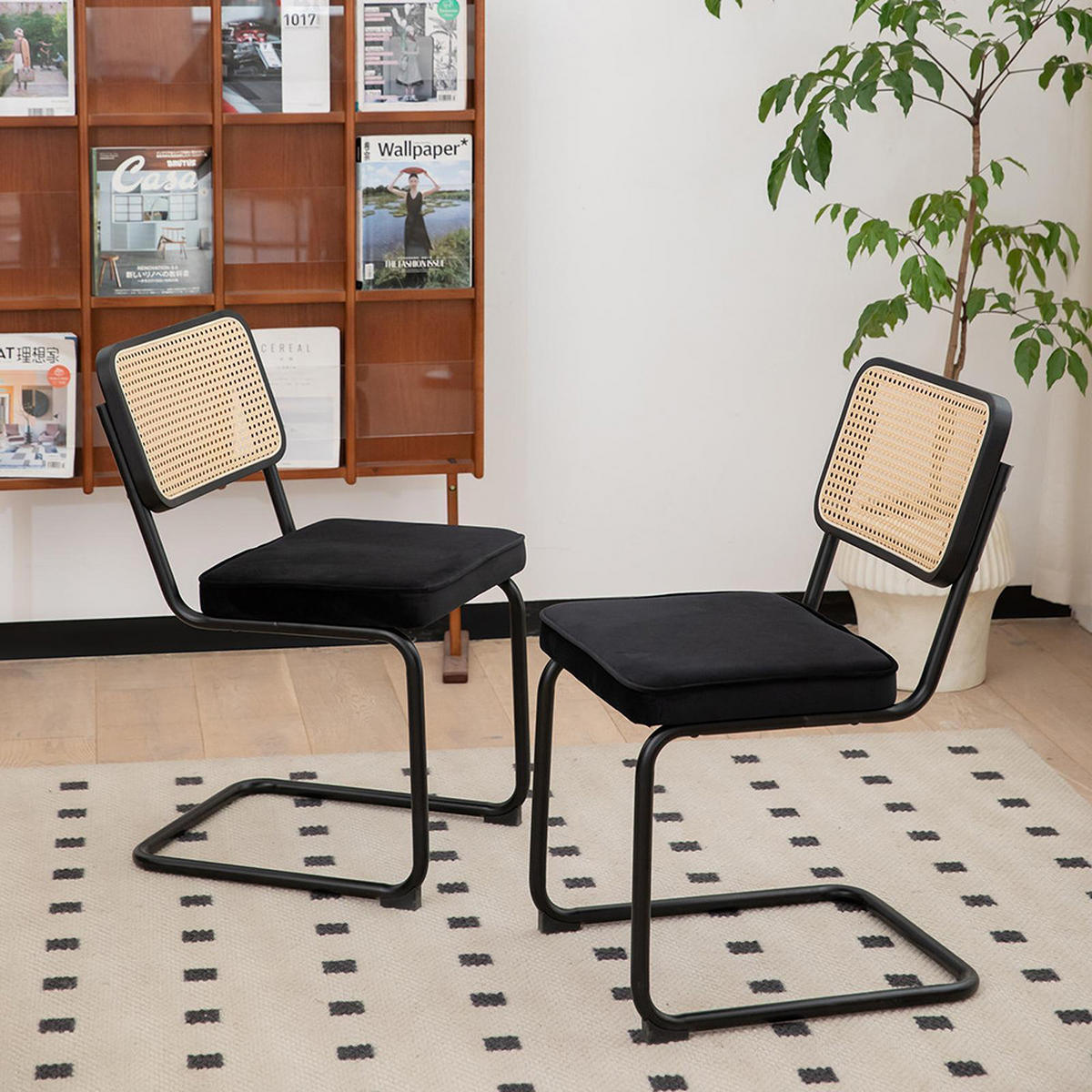 ESSZIMMERSTUHL 2er-Set, Samt-Rattan mit Chrombeinen, Schwarz - Schwarz, Textil/Metall (46.4/84.6/53cm) - KOMHTOM