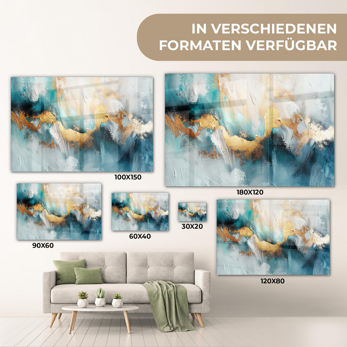 ACRYLGLASBILD Abstrakt - Kunst - Gold - Blau 90x60 cm - Petrol, Glas (90/60cm) - MuchoWow