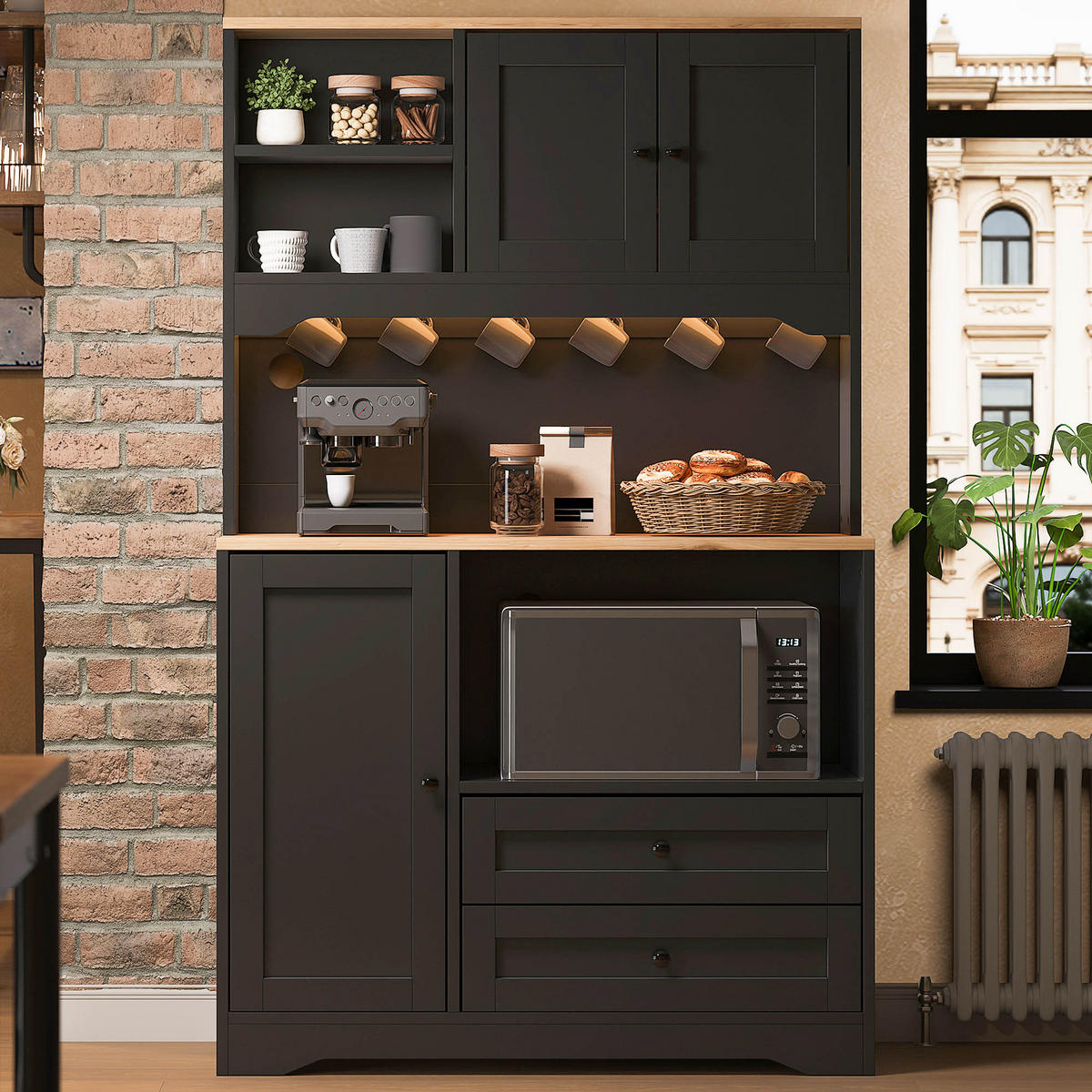 BUFFET DE-38741 100/40/163 cm LED-Beleuchtung und Mikrowellenfach Schwarz - Schwarz, Holzwerkstoff (100/163/40cm) - ComfortXL