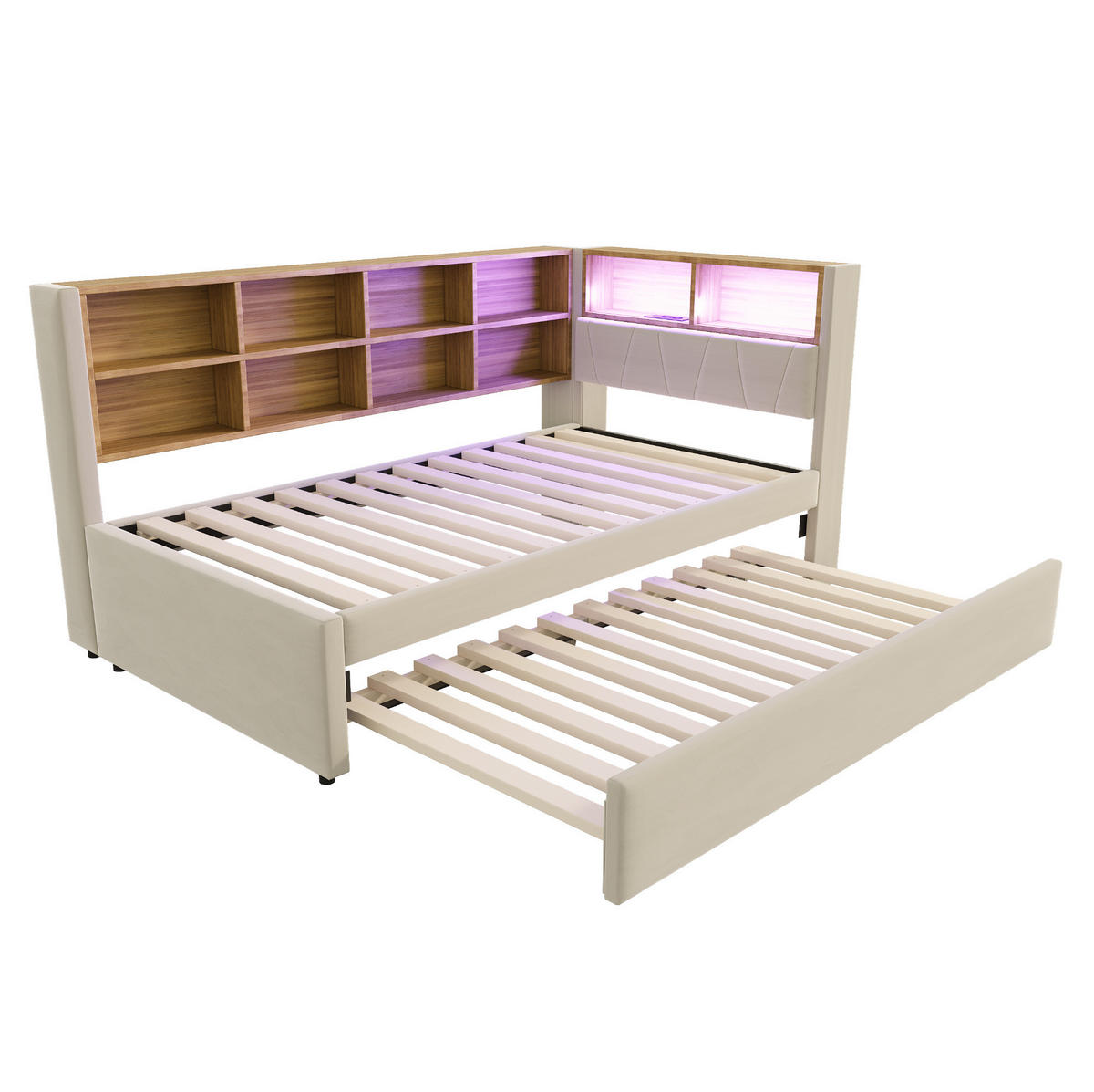 SCHLAFSOFA 90/200 cm mit Ausziehbett 90/190 cm, LED, USB- und Type-C-Anschluss, Stauraum, Flanell, Beige - Beige, Textil (103/98/213cm) - Redom