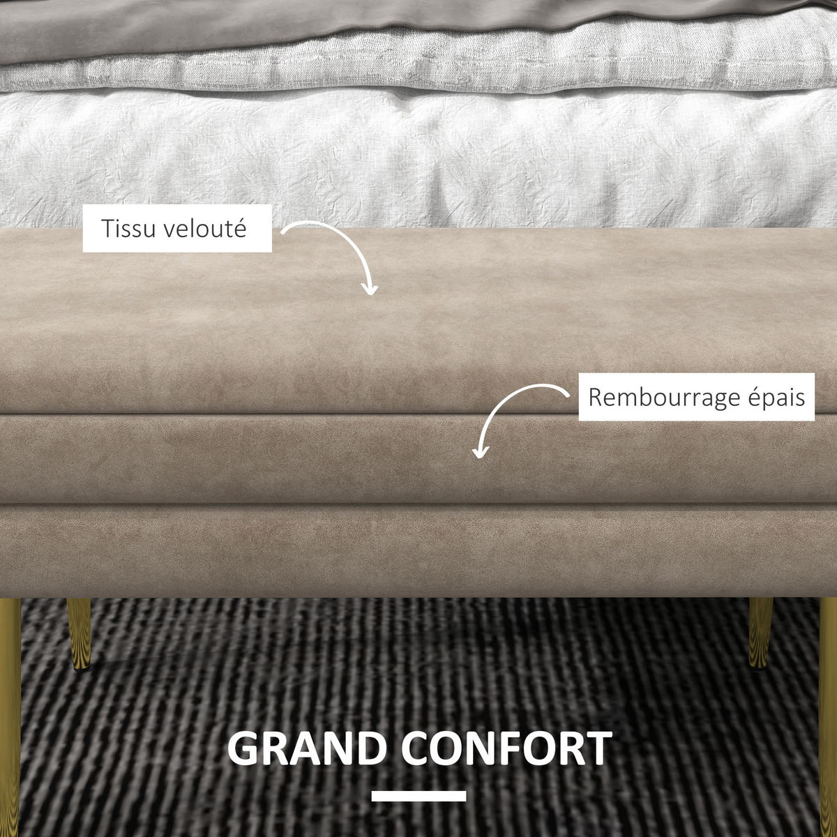TRUHENBANK DE-16381 2-in-1 mit Stauraum und Samtbezug Beige/Gold - Beige, Textil (79.5/43/37.5cm) - ComfortXL