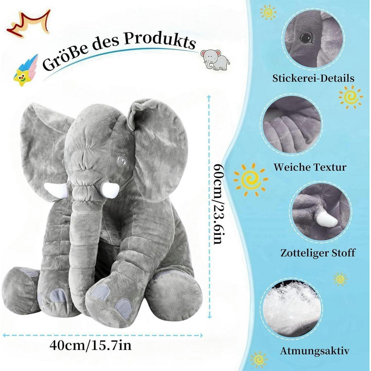 KUSCHELTIER Elefant 60 cm Grau - Grau, Textil (40/60cm)