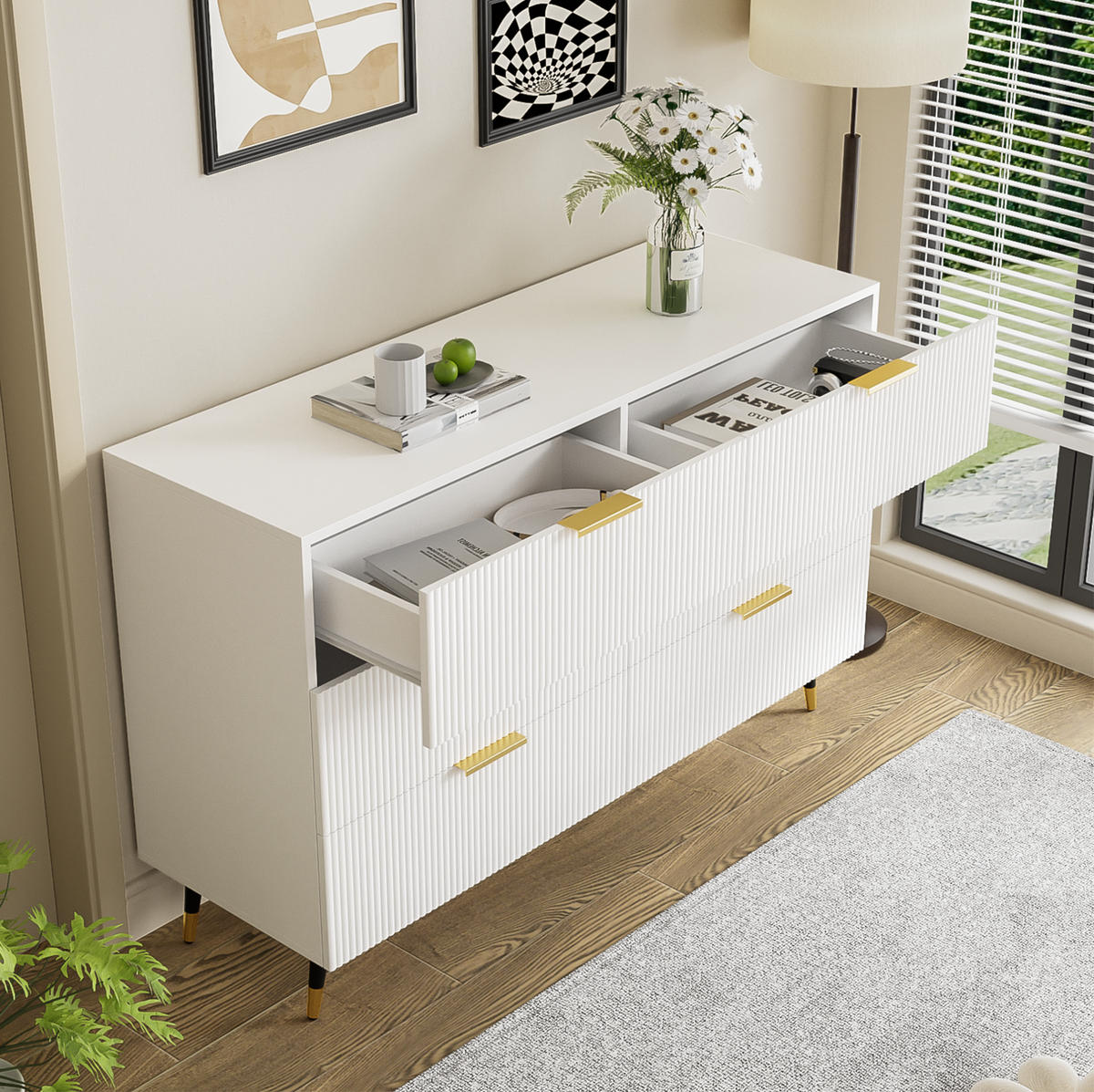 SIDEBOARD mit 6 Schubladen, mit goldenen Griffen und Beinen, modernes Wellendesign, 120/40/77 cm, Weiß - Weiß, Holzwerkstoff (120/40/70cm) - Redom