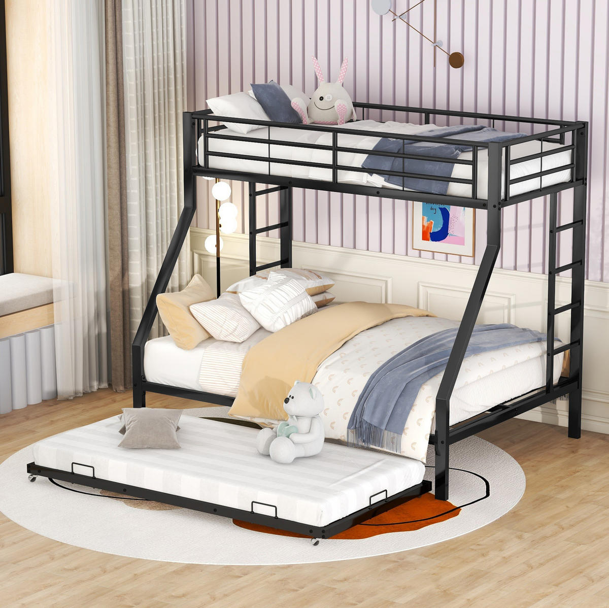 ETAGENBETT aus Metall 90/200 cm und 140/200 cm in Schwarz mit Ausziehbett - Schwarz, Metall (90/200cm) - MIVRAY