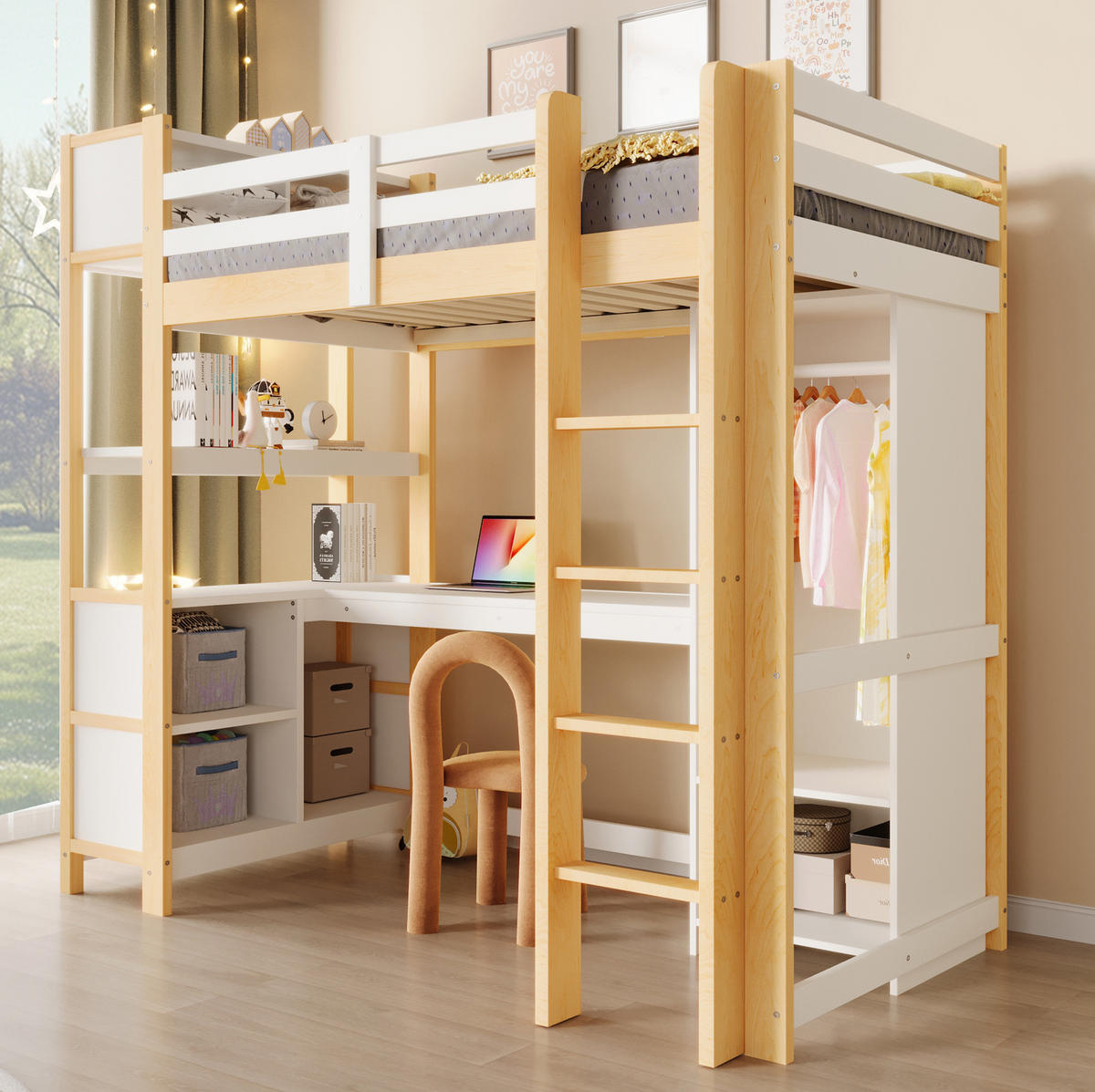 HOCHBETT 90/200 cm aus Kiefern mit Schreibtisch, Regalen und Kleiderschrank, Weiß/Natur - Naturfarben, Holzwerkstoff (90/200cm) - Redom