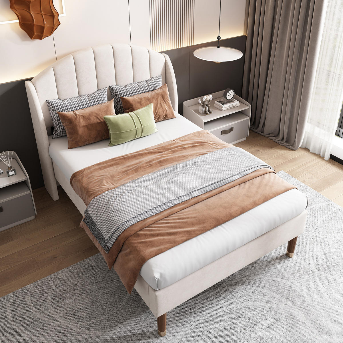 POLSTERBETT 90/200 cm mit Lattenrost, hohem Kopfteil und Holzfüßen aus Samt, Beige - Beige, Textil (90/200cm) - Redom