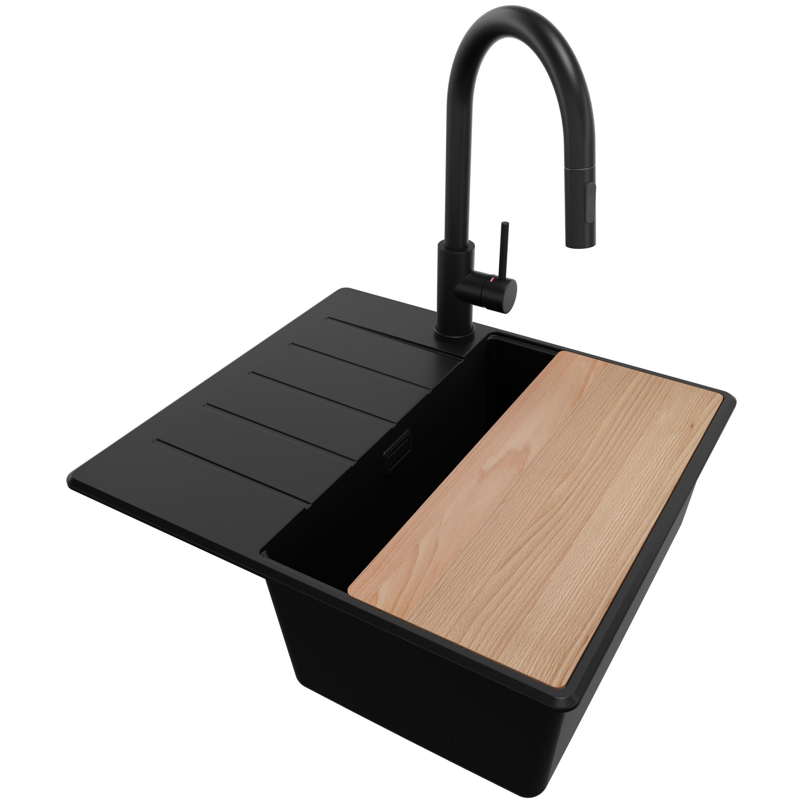 GRANITSPÜLE Kopenhagen, 2-er set Alles Schwarz 55/50 cm 1 Becken + Küchenarmatur 40/20 cm + Ablauf-Set + Schneidebrett ab 40er Unterschrank - Beige/Schwarz, Kunststoff (55/20/50cm) - Primagran