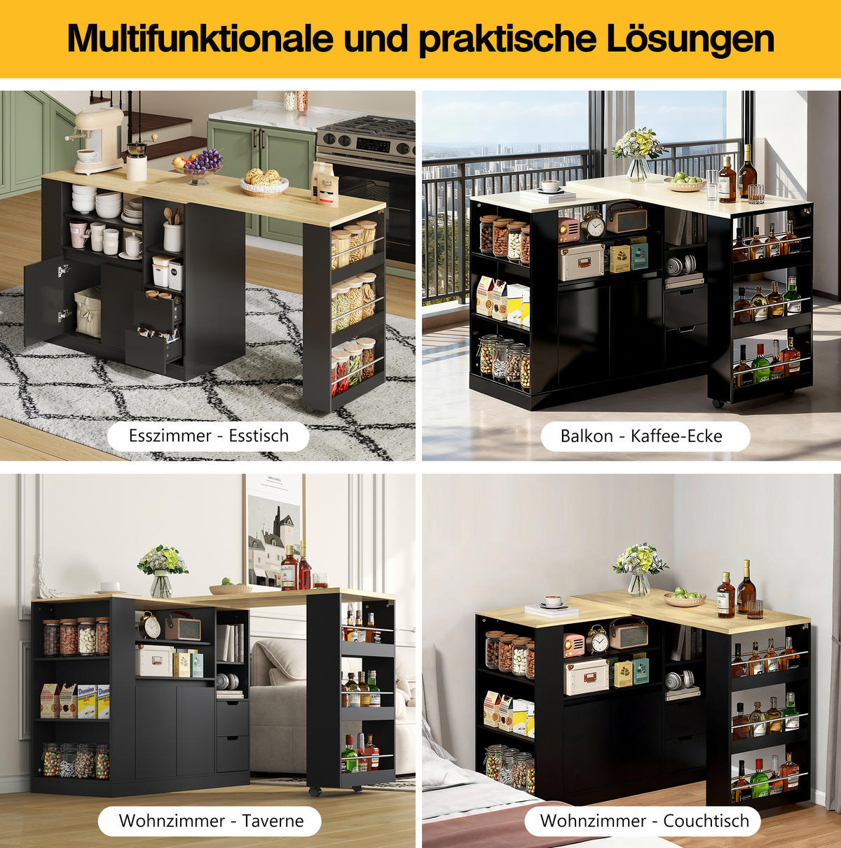 KÜCHENINSEL 115/50/92 cm aus MDF mit dreh- und ausziehbarer Arbeitsplatte Schwarz/Natur - Schwarz, Holzwerkstoff (115/92/50cm) - Modenvie