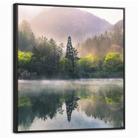 LEINWAND Bilder mit Rahmen - Natur - Bäume - Berge - See - Wasser - 90x90 - Hellgrün, Textil (90/90cm) - MuchoWow