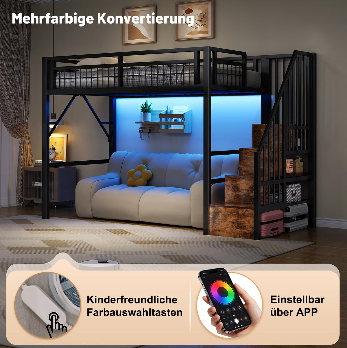 HOCHBETT 90/200 cm aus Metall mit LED-Beleuchtung und Stauraumtreppe - Schwarz, Metall (90/200cm) - Flora Grace