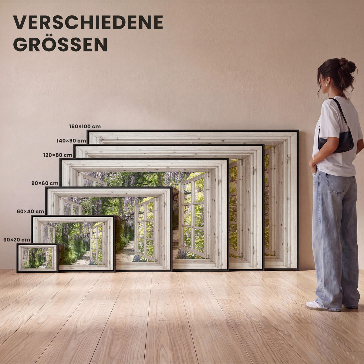 LEINWAND Bilder mit Rahmen - Blauer Regen - Blumen - Aussicht - Baum - Frühling - 150x100 - Grün, Textil (150/100cm) - MuchoWow