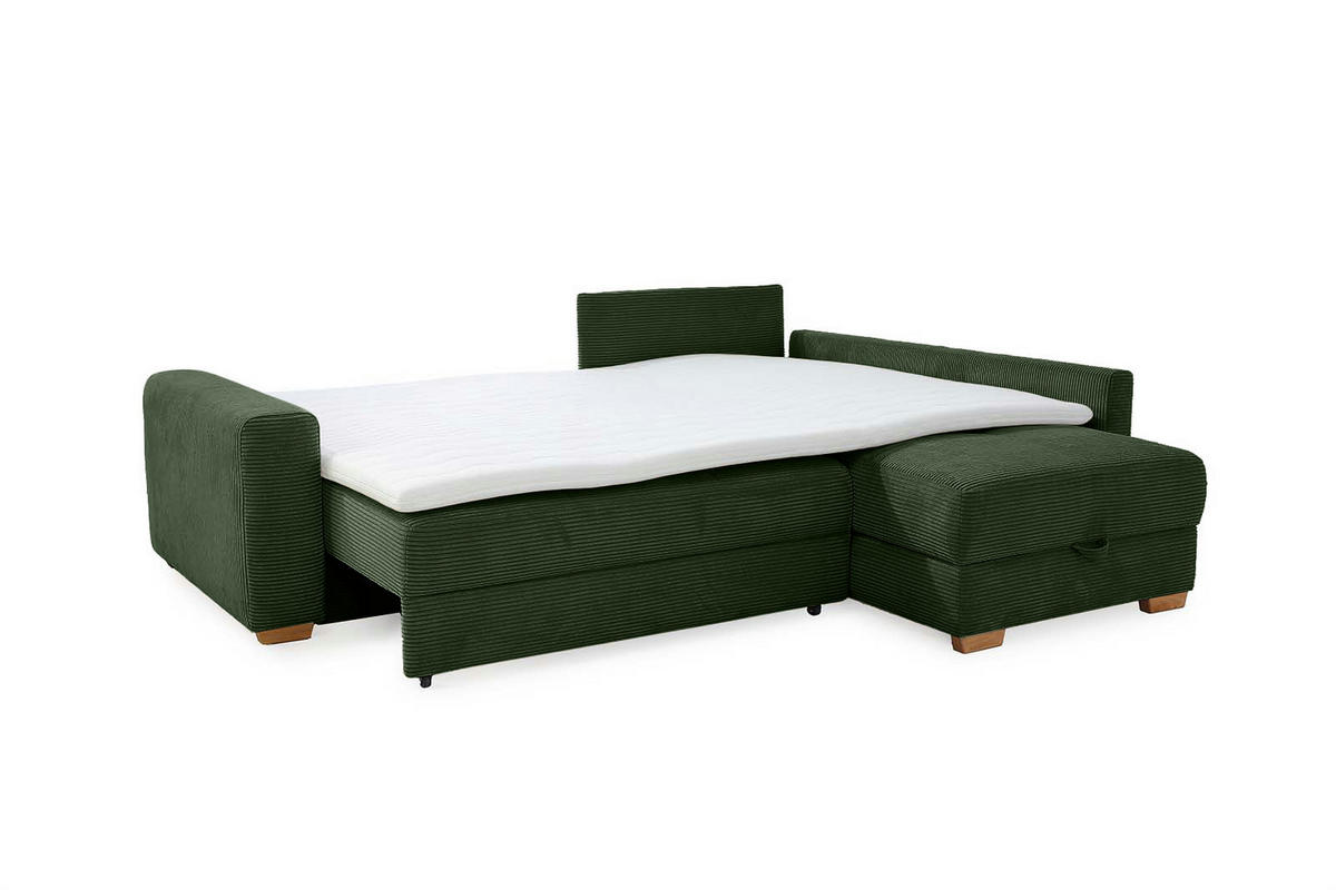 ECKSOFA-DAUERSCHLÄFER Boxspring Federkern Topper Bettkasten, seitenverkehrt montierbar B257/T206/H85 cm, Cord Grün / 15213 - Eichefarben/Grün, Holz/Textil (257/206cm) - luma-home