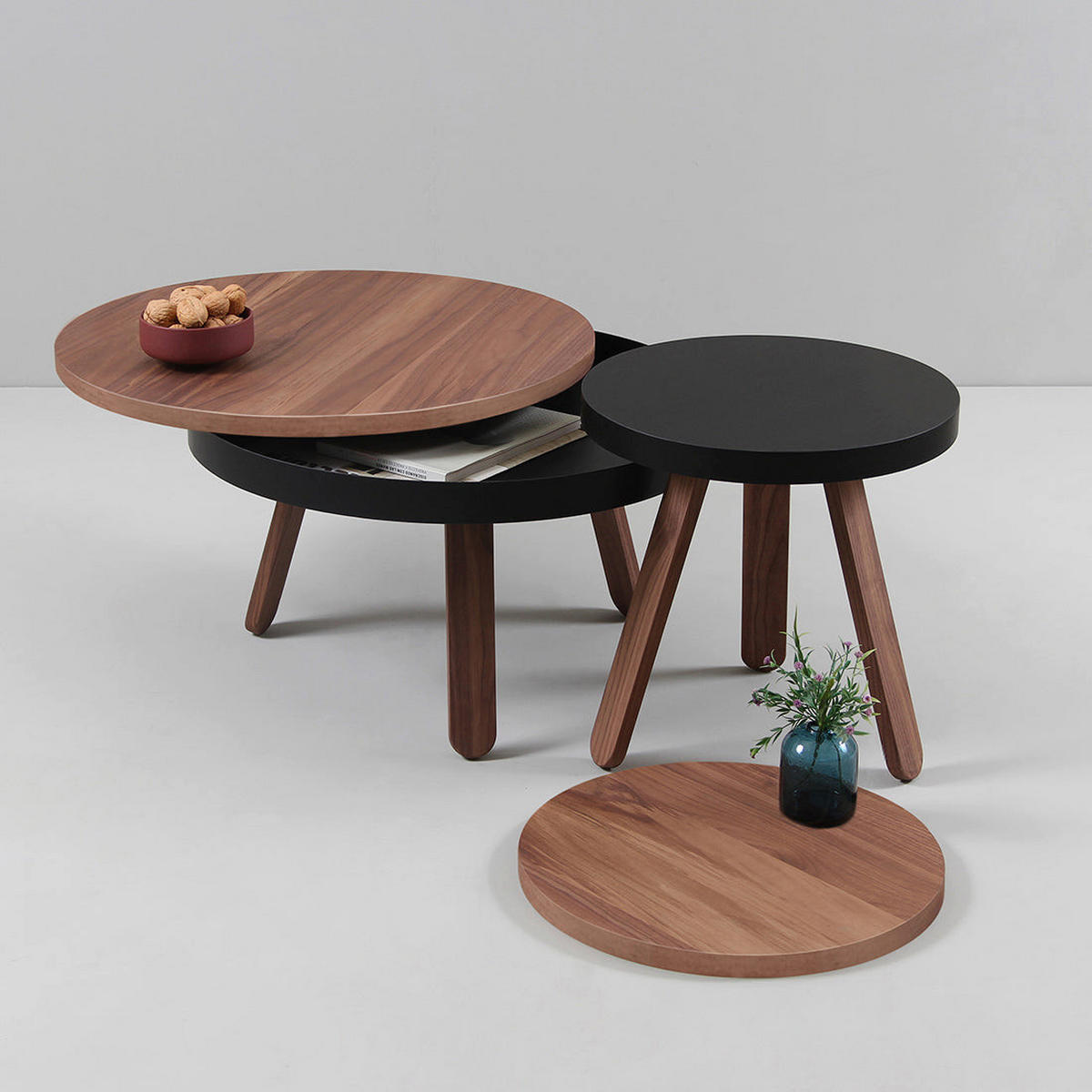 BEISTELLTISCH Batea S mit Tablett - Walnussfarben/Schwarz, Holz (42/42/42cm) - Woodendot