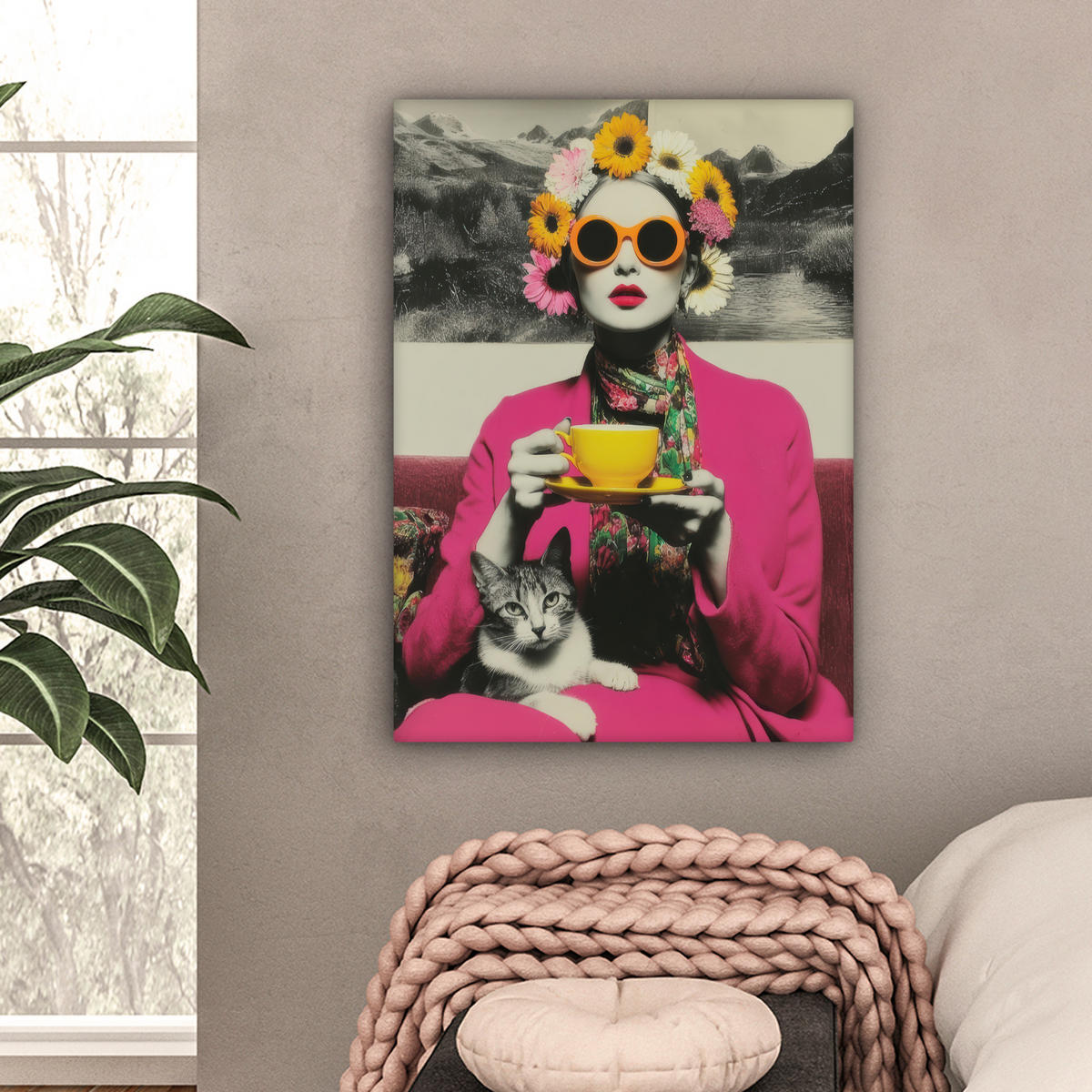 LEINWANDBILD Frau - Katze - Blumen - Tasse - Retro Wandbild Wohnzimmer 60x80 cm - Magenta, Textil (60/80cm) - MuchoWow