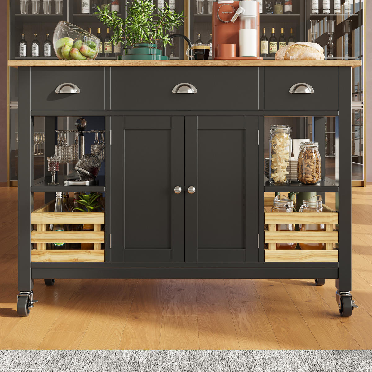 KÜCHENINSEL 120/45/90 cm schwarz natur mit klappbaren Seiten - Schwarz, Holzwerkstoff (120/90/73cm) - OKWISH
