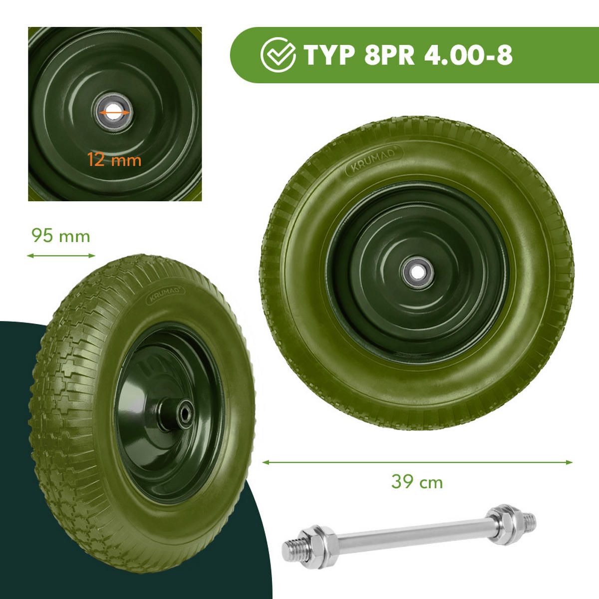 SCHUBKARRENRAD Luftreifen mit Schlauch Grün - Grün, Kunststoff (39/39/9.5cm) - KRUMAD