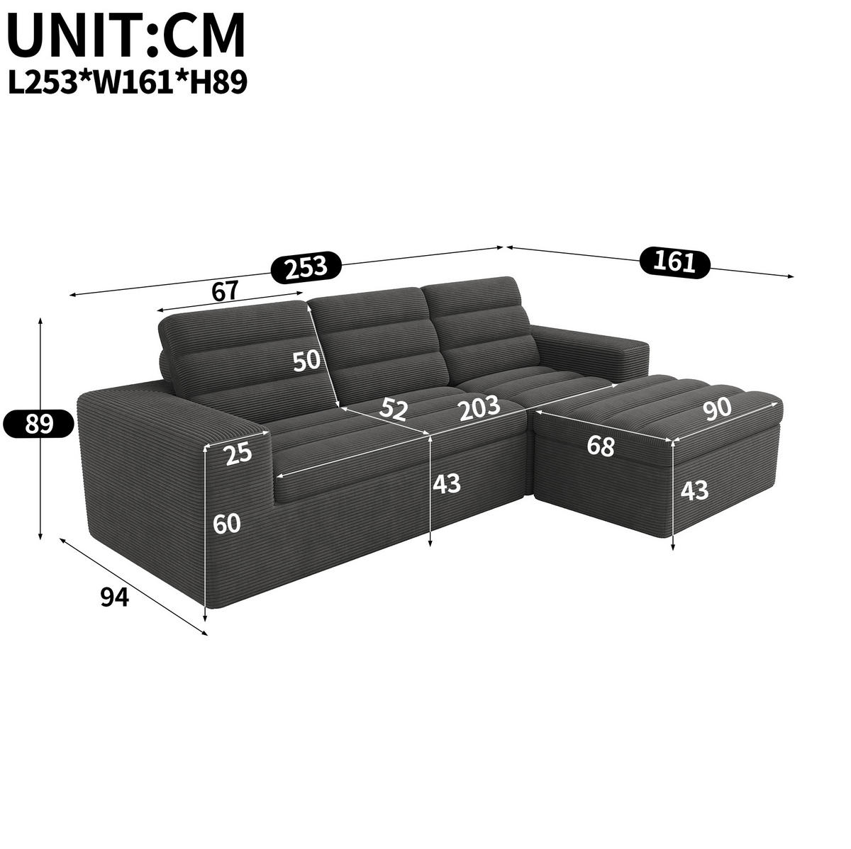 ECKSOFA 253/161/89 cm dunkelgrau aus Cordstoff mit Hocker - Dunkelgrau, Textil (161/253cm) - OKWISH