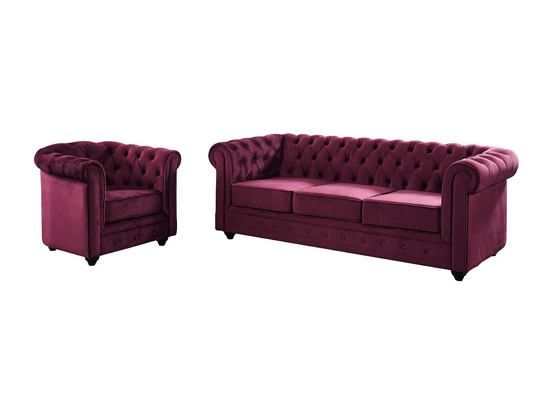 COUCHGARNITUR 3+1 - Samt - Pflaumenfarben - CHESTERFIELD - Bordeaux, Textil (205/72/88cm) - Vente-Unique