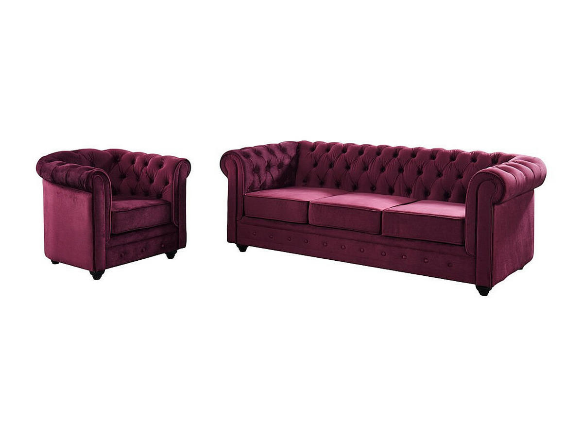 COUCHGARNITUR 3+1 - Samt - Pflaumenfarben - CHESTERFIELD - Bordeaux, Textil (205/72/88cm) - Vente-Unique