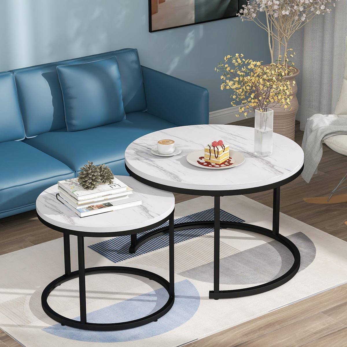 COUCHTISCH aus MDF 50x71x71 & 46x46x44 cm in Weiß Marmoroptik im 2er Set - Weiß, Holzwerkstoff (71/71/50cm) - Modfu