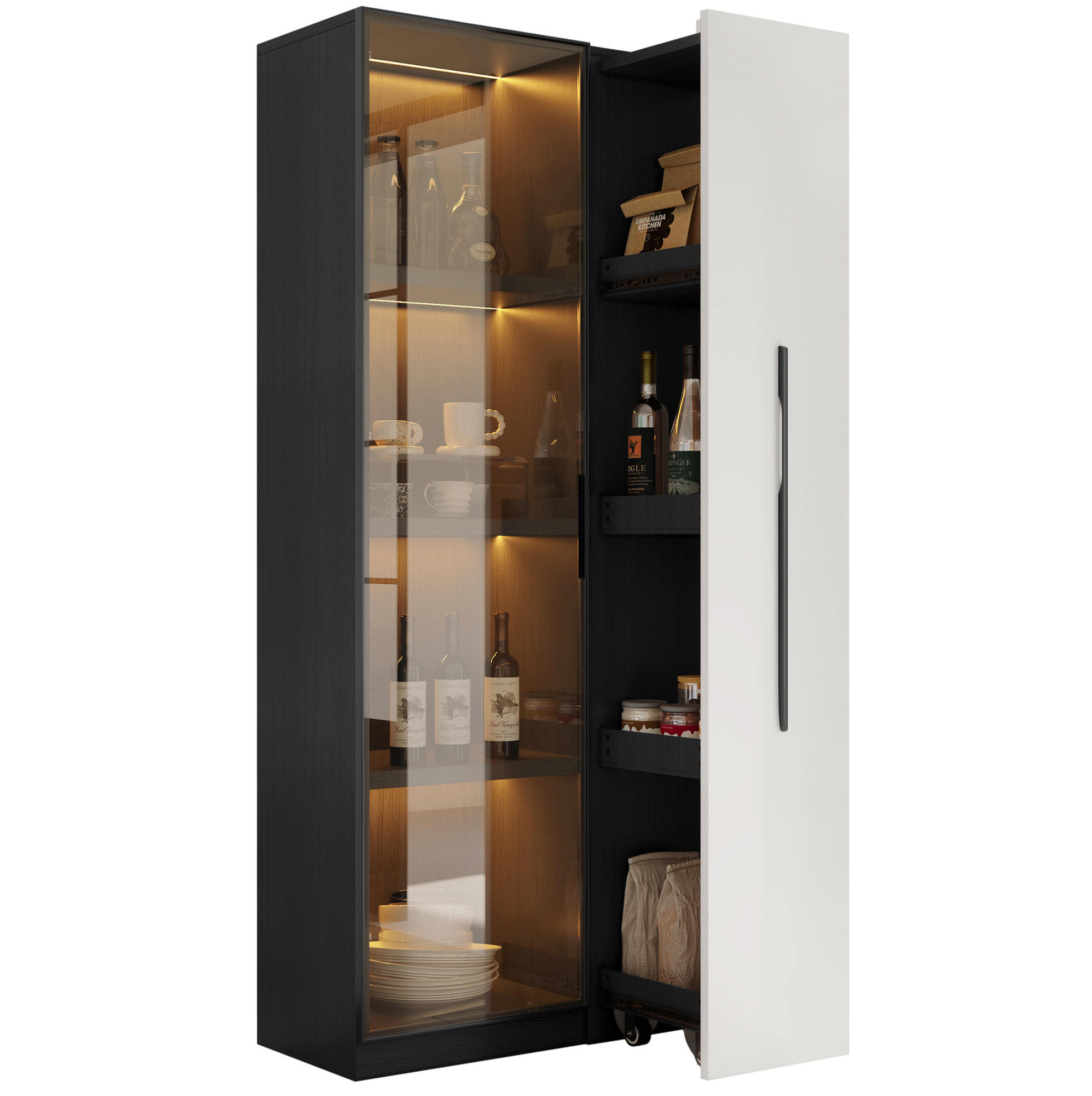 HIGHBOARD 70/40/160 cm in Schwarz/Weiß mit LED-Beleuchtung und seitlichem Auszug - Schwarz, Holzwerkstoff (70/160/40cm) - Flora Grace