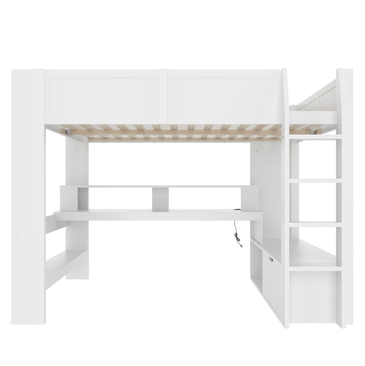 HOCHBETT 140/200 cm mit Schreibtisch, Regal, Schublade und LED-Beleuchtung aus Massivholz, Weiß - Weiß, Holz (140/200cm) - Redom