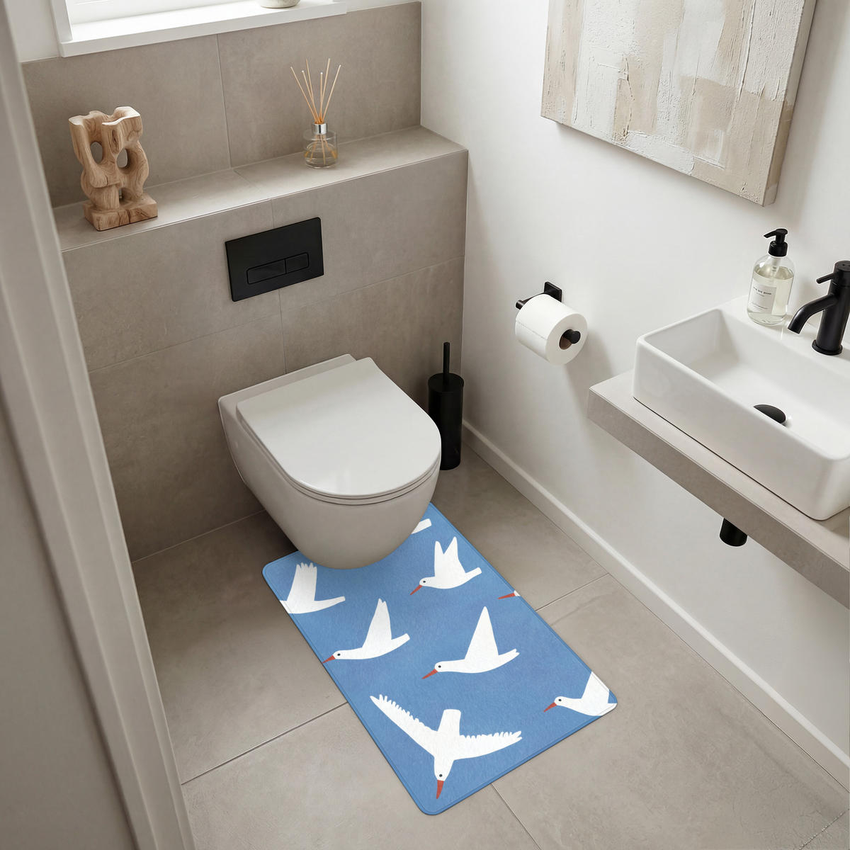 WC PŘEDLOŽKA Ptáci - bílá - vzor 50x80 cm - modrá, textil/plast (50/1cm) - OnlyWow