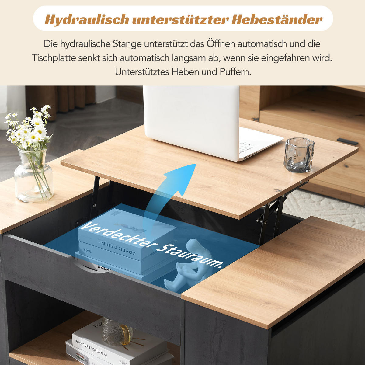 COUCHTISCH 109 cm grau höhenverstellbar mit Stauraum - Grau, Holzwerkstoff (40/110.5/109.5cm) - OKWISH