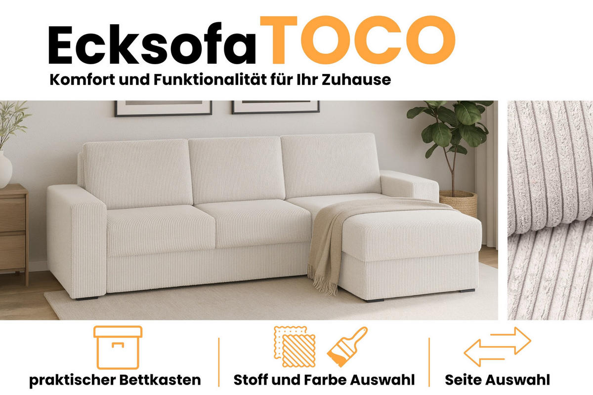 ECKSOFA TOCO L 240x145 cm in Cord Creme rechts - Creme, Holz/Holzwerkstoff (240/145cm) - Deine Möbel 24