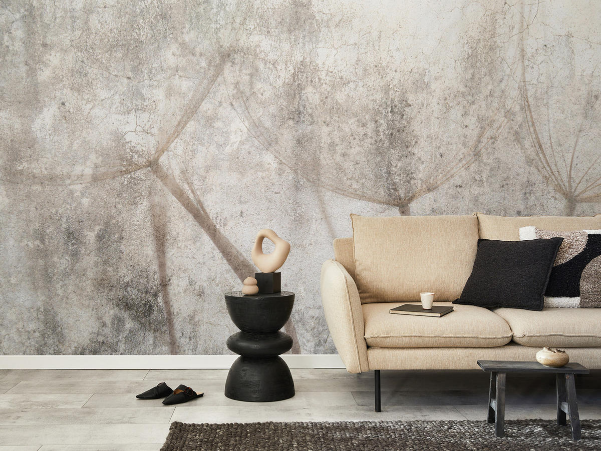 FOTOTAPETE für Wohnzimmer Zarter Skizze Löwenzahn Grauer Beton Minimalistisch 500x350 - Beige/Braun, Papier (500/350cm) - Muralo