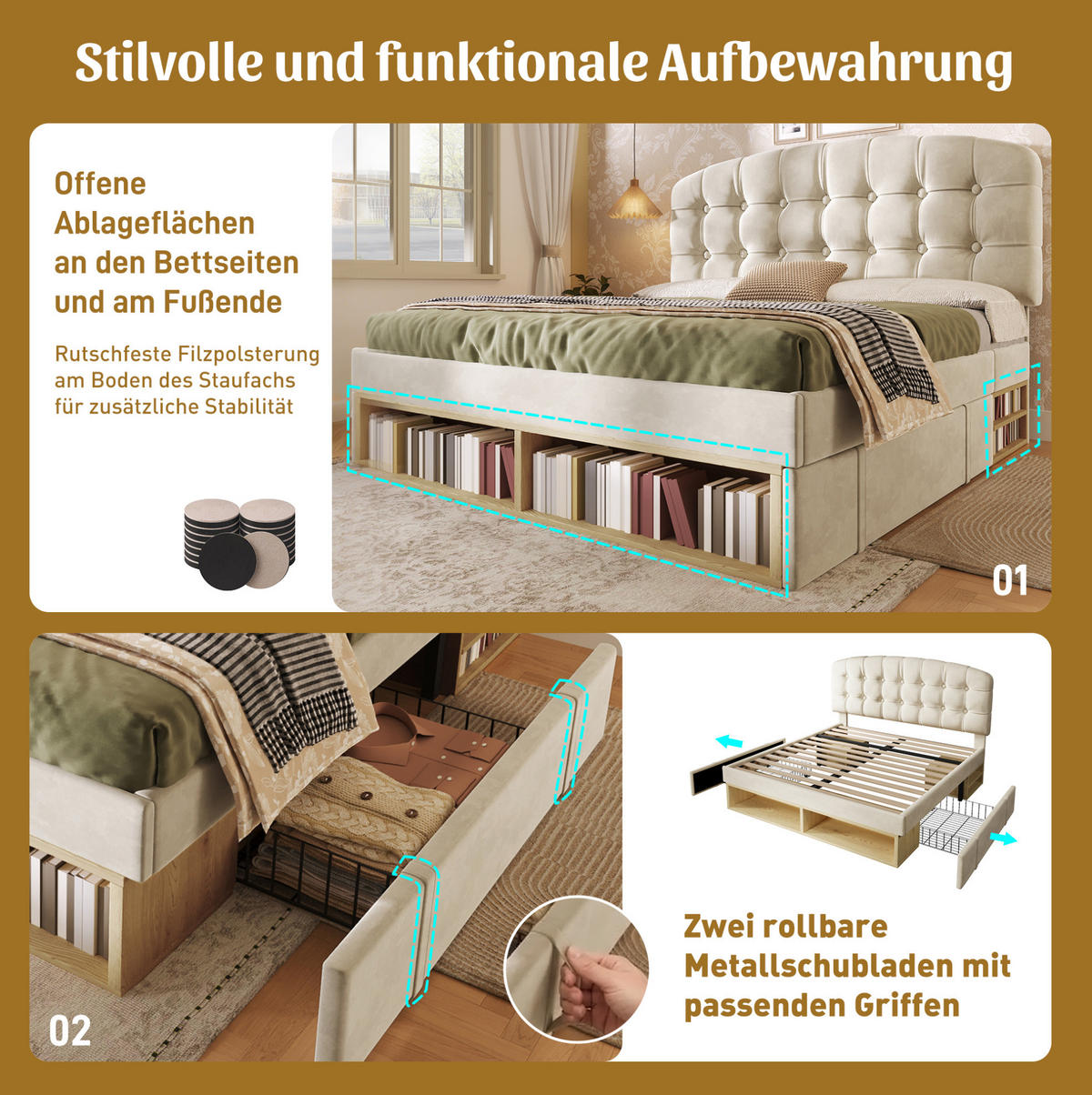 POLSTERBETT 140/190 cm Beige aus Samt mit Schubladen - Beige, Textil (140/190cm) - OKMYHOME