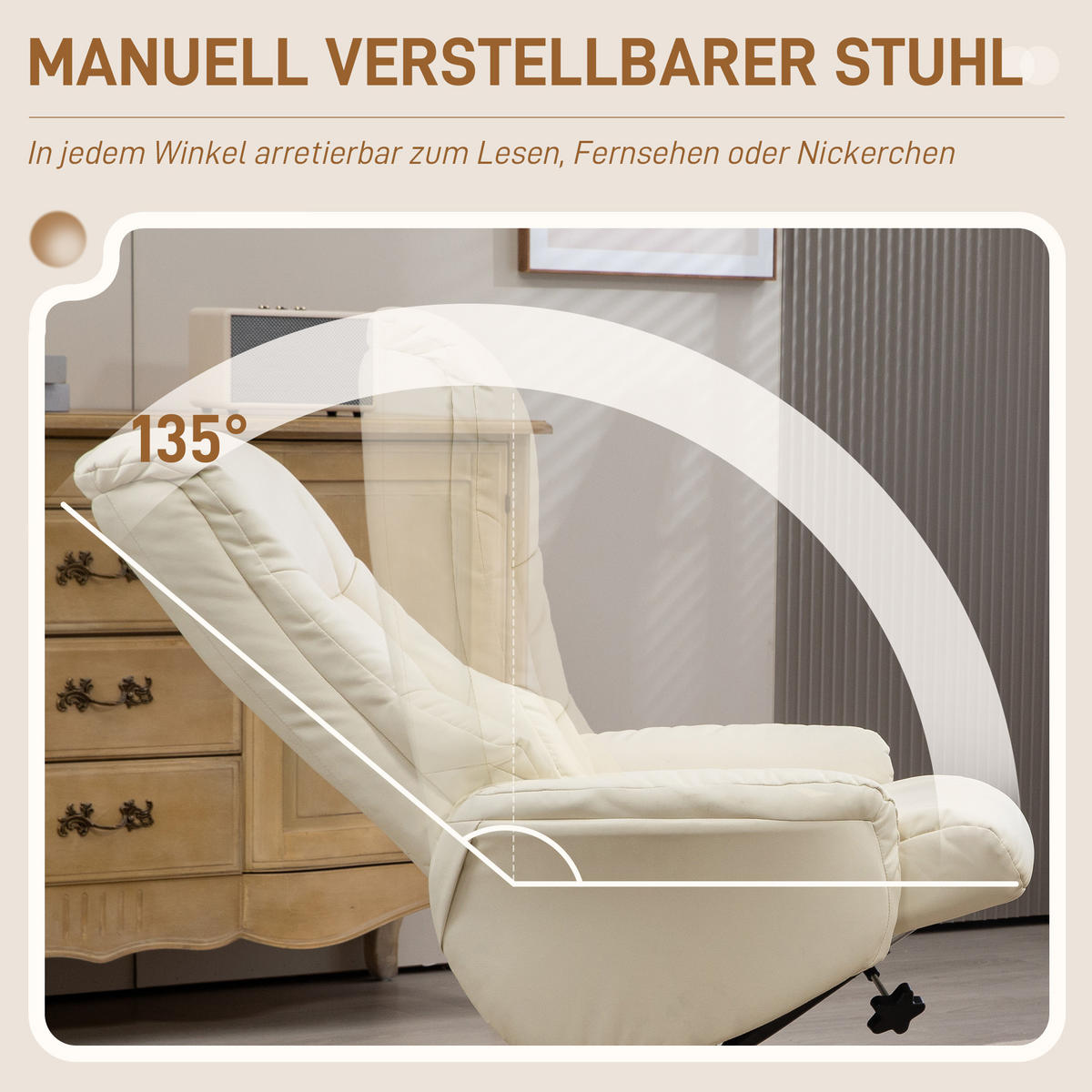 RELAXSESSEL mit Hocker, Fernsehsessel mit Liegefunktion, Wippfunktion, Schwarz - Creme/Weiß, Holz/Kunststoff (84/102/71cm) - HOMCOM