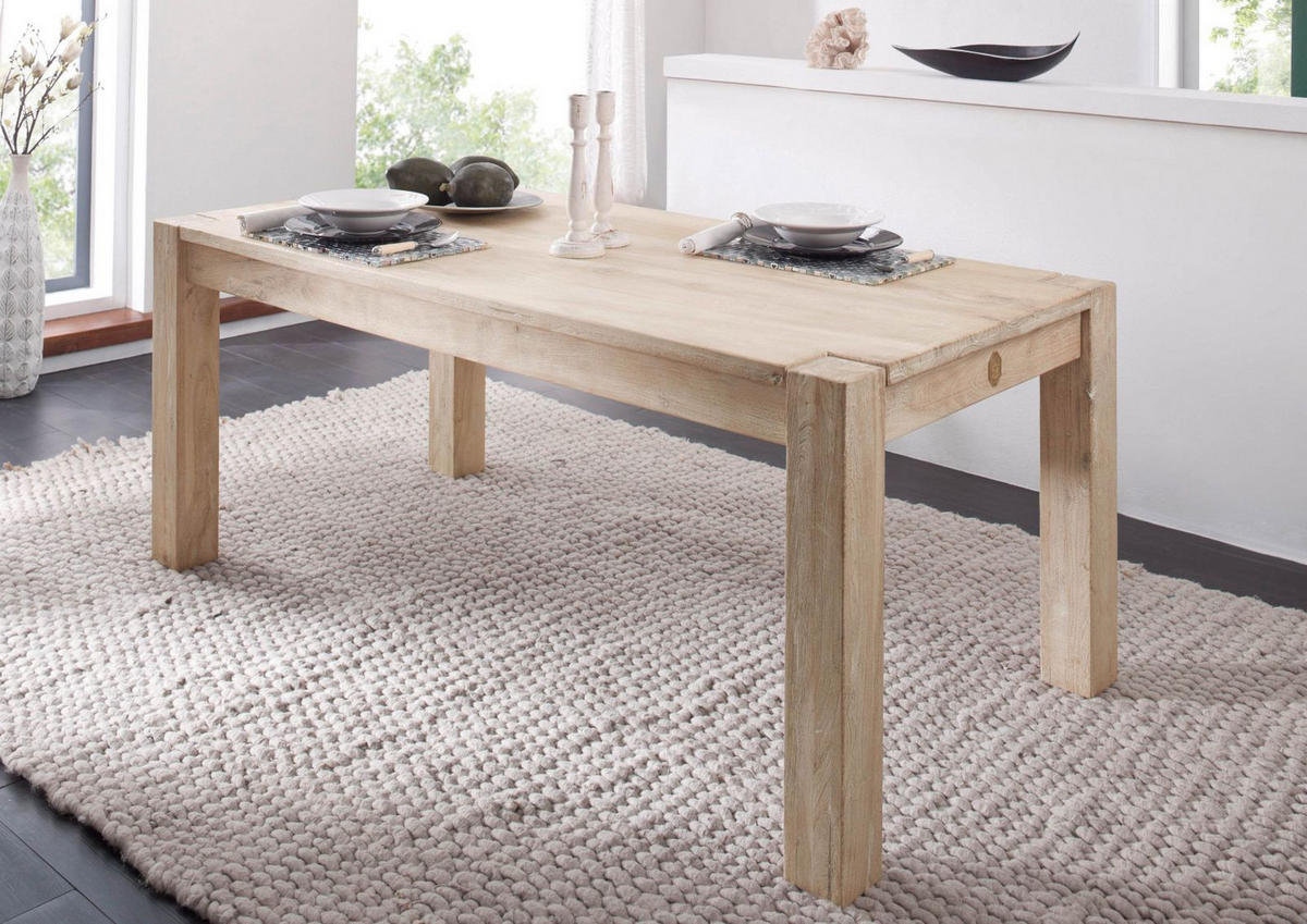 ESSTISCH Akazie 140x90x76 white stone getüncht NATURE WHITE #103 - Beige, Holz (90/140/76cm) - Massivmoebel24