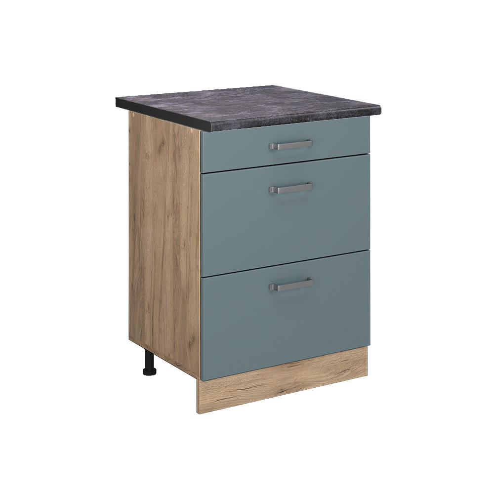 KÜCHENUNTERSCHRANK R-Line Blau-Grau 60 cm mit Schubladen, AP Anthrazit - Eiche Wotan/Blaugrau, Holzwerkstoff (60/81.6/60cm) - Vicco