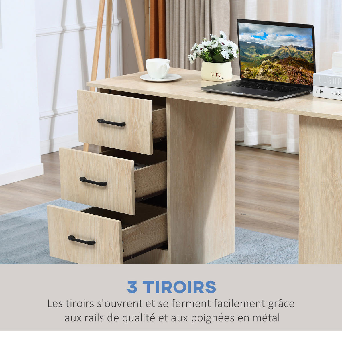SCHREIBTISCH DE-14868 mit 3 Schubladen & 3 Regalböden Holzoptik - Naturfarben, Holzwerkstoff (120/49/72cm) - ComfortXL