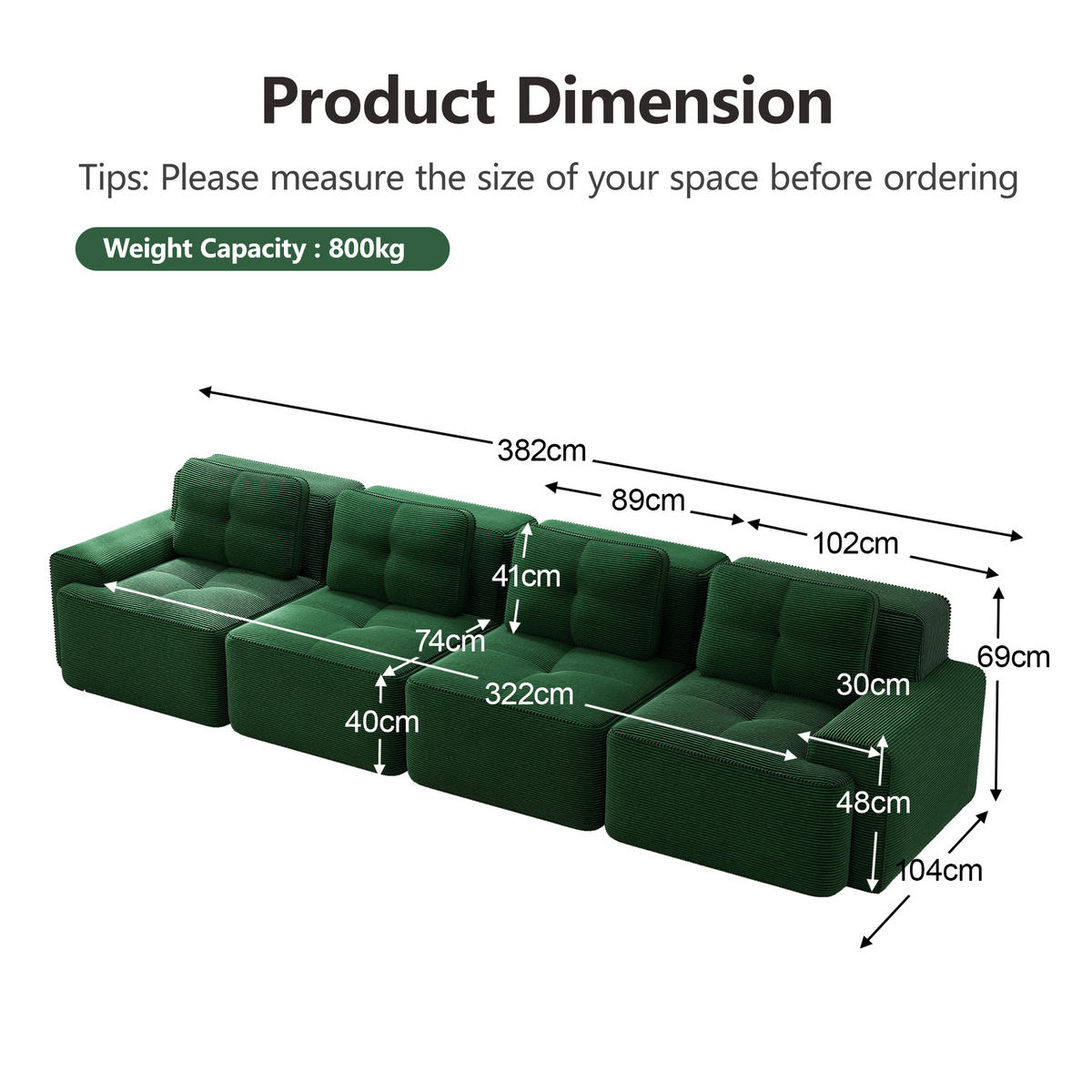 4-SITZER SOFA Cord Grün rutschfest und modular - Grün, Textil (382/69/104cm) - WISHDOR