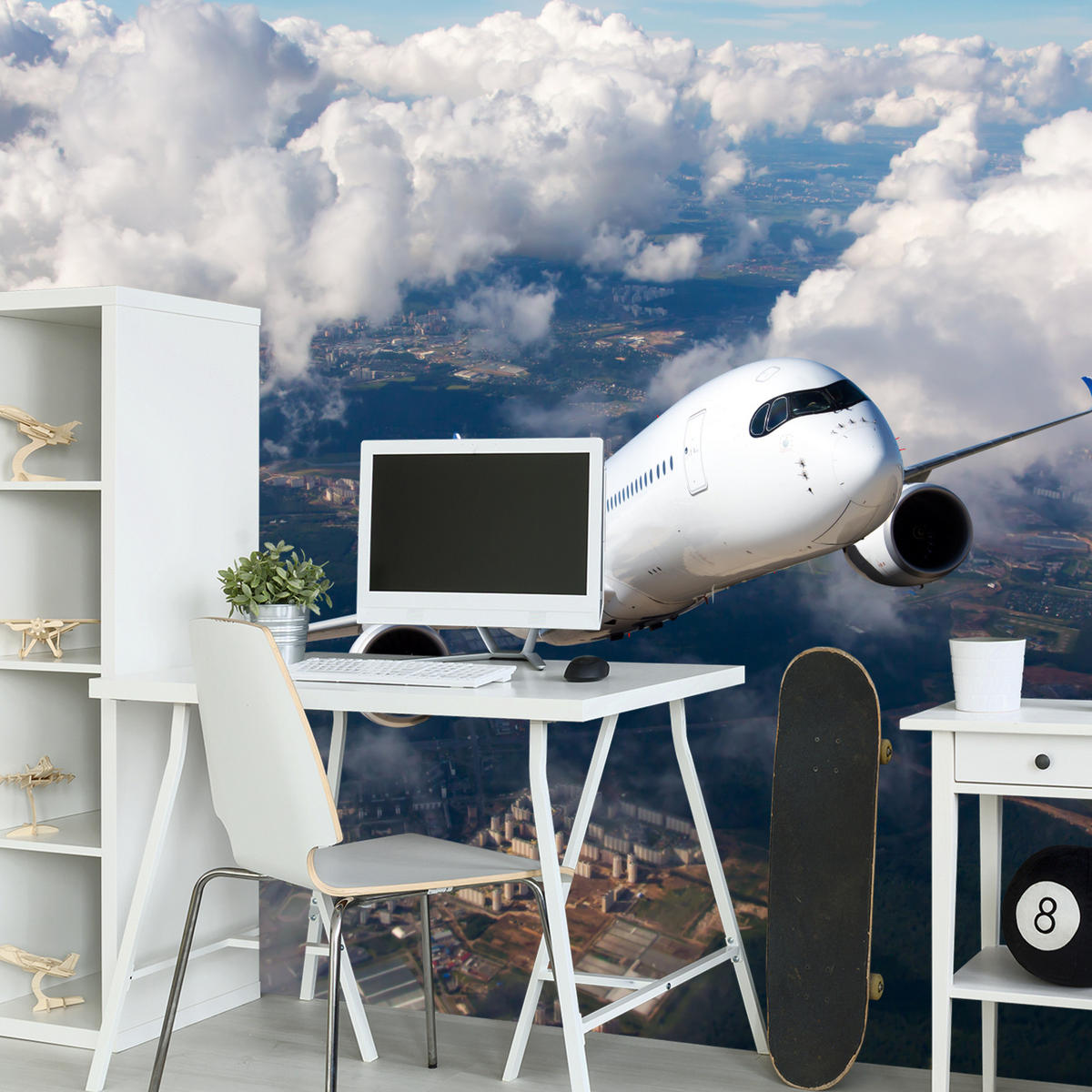 FOTOTAPETE für Jugendzimmer Flugzeug Start Wolken Himmel 200x140 - Blau/Beige, Papier (200/140cm) - Muralo