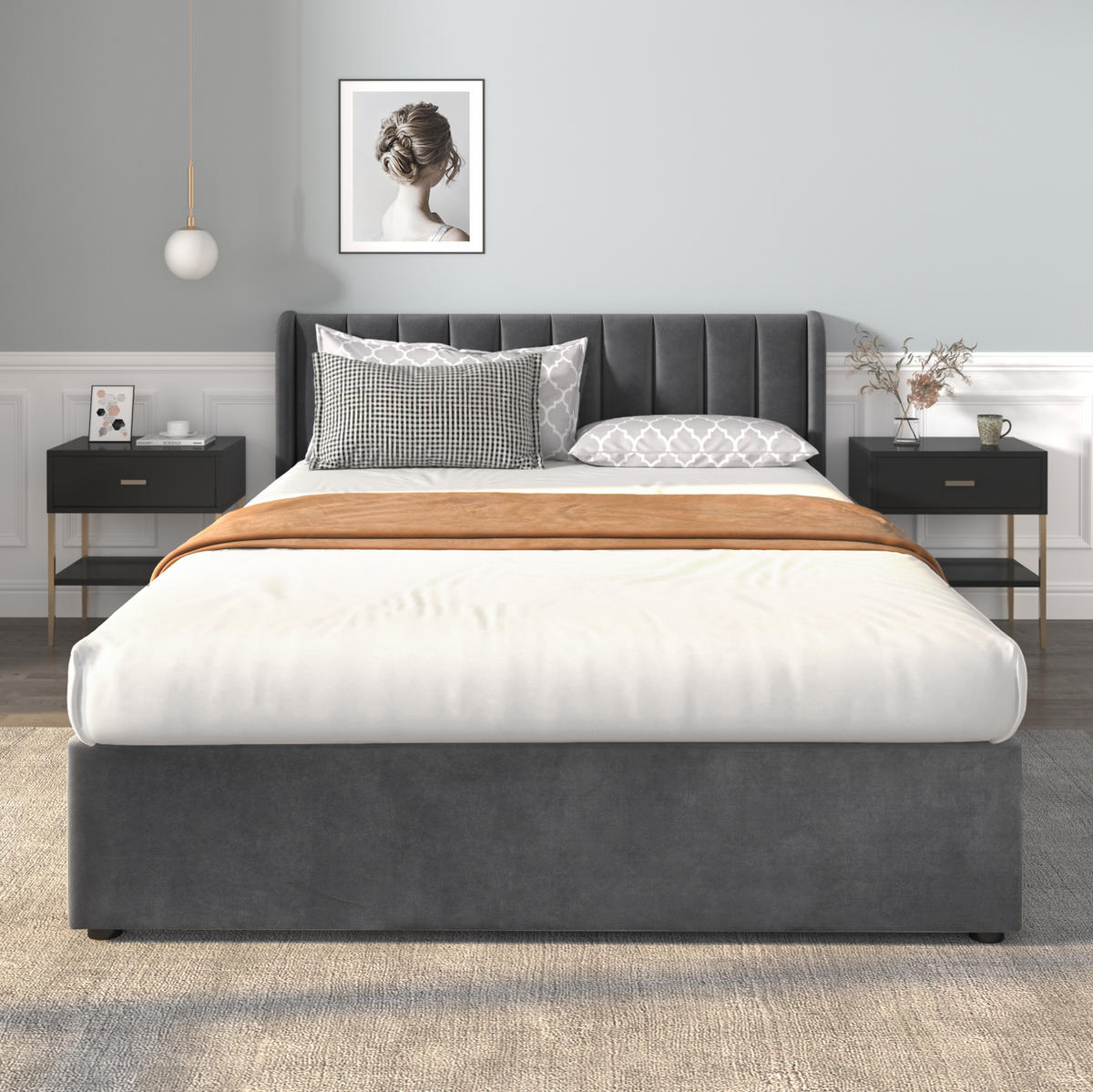 SAMT-POLSTERBETT 160/200 cm in Grau mit 2 Schubladen und gepolstertem Kopfteil - Grau, Textil (160/200cm) - BEAOK