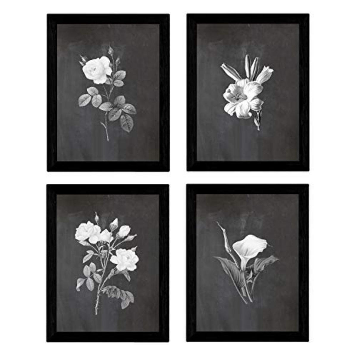 POSTER Set mit 4 Botanische Schwarz Hintergrund helle Blumen A3 Rahmenlos - Klar, Papier (29.7/3cm) - Nacnic