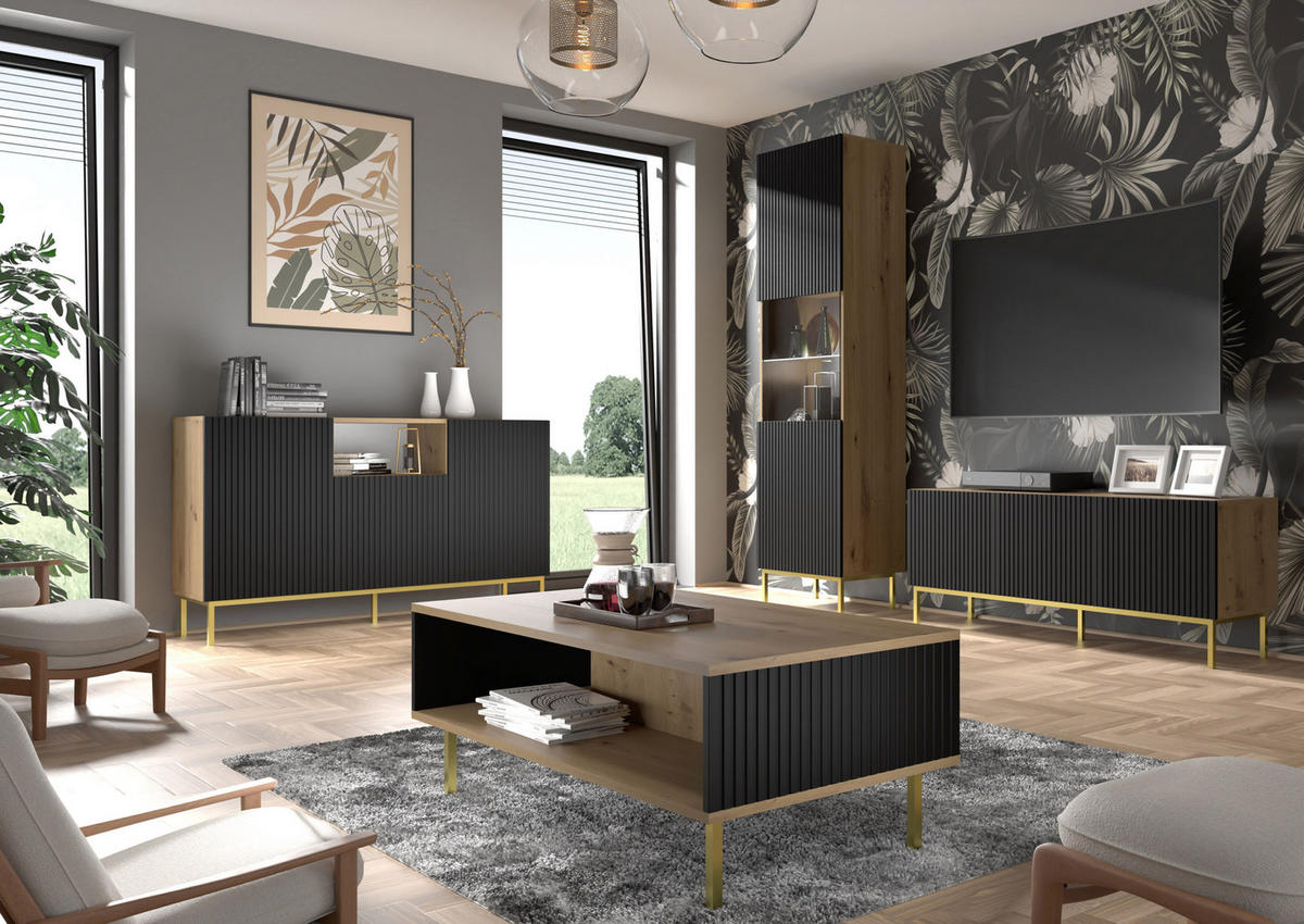 TV LOWBOARD Artisan Eiche, Schwarz, Gold 200/56/42 - Goldfarben/Schwarz, Holzwerkstoff (200/56/42cm) - RAUMHIRSCH FURNITURE