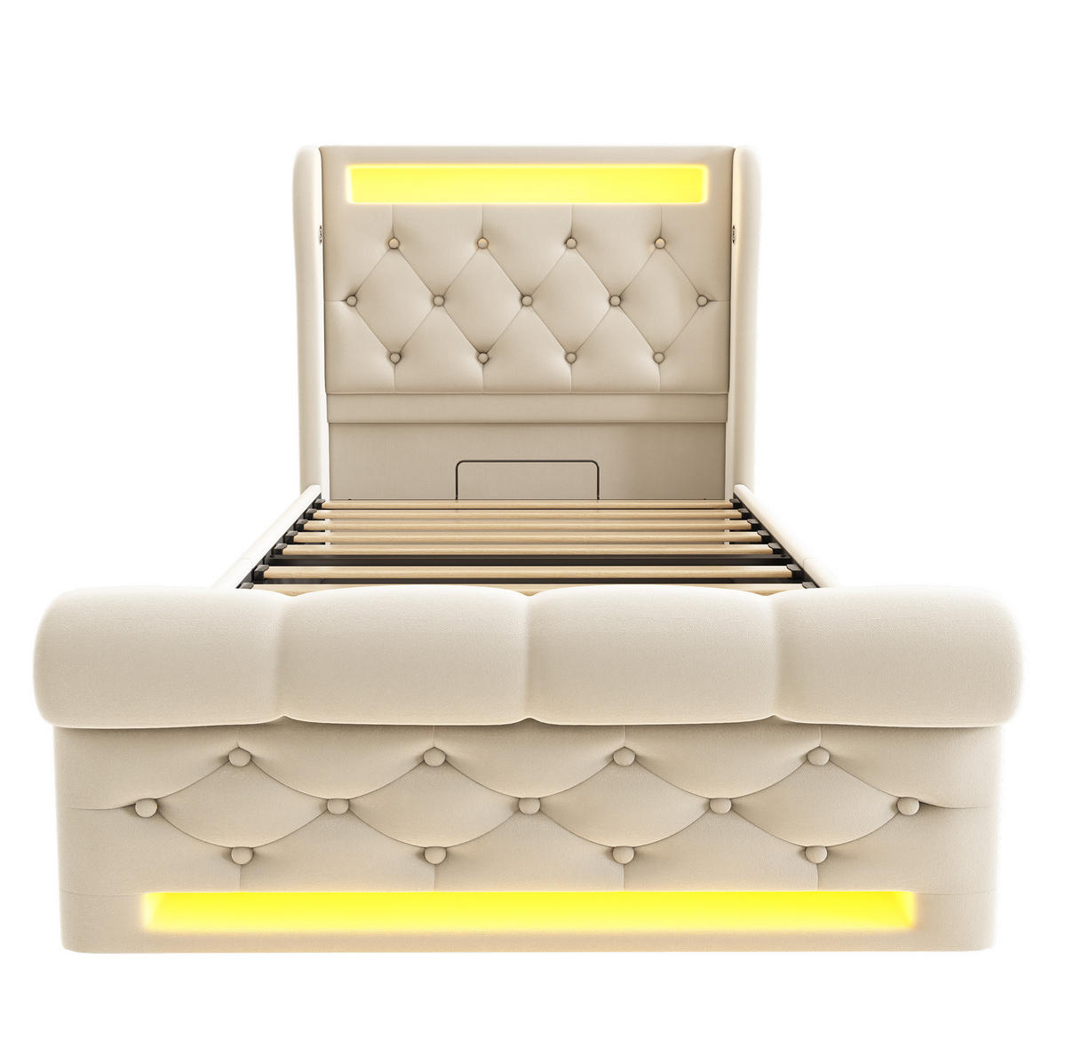 ČALOUNĚNÁ postel 90/200 cm béžová ze sametu s LED osvětlením USB-C a úložným prostorem - béžová, textil (90/200cm) - OKWISH