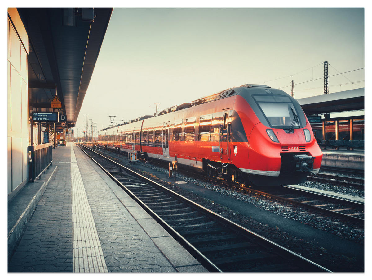 FOTOTAPETA Pre Obývaciu Izbu Moderný Červený Vlak Stanica Koľajnice 150 x 105 cm - hnedá/sivá, papier (150/105cm) - Muralo