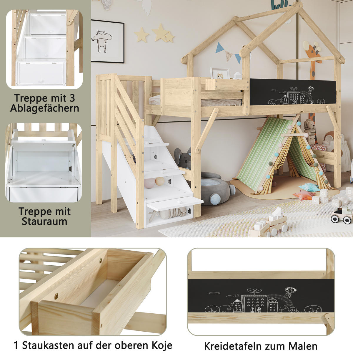 ETAGENBETT 90/200 cm in Weiß/Natur mit Tafel, Stauraumtreppe und Dachdesign - Weiß, Holzwerkstoff (90/200cm) - OKMYHOME